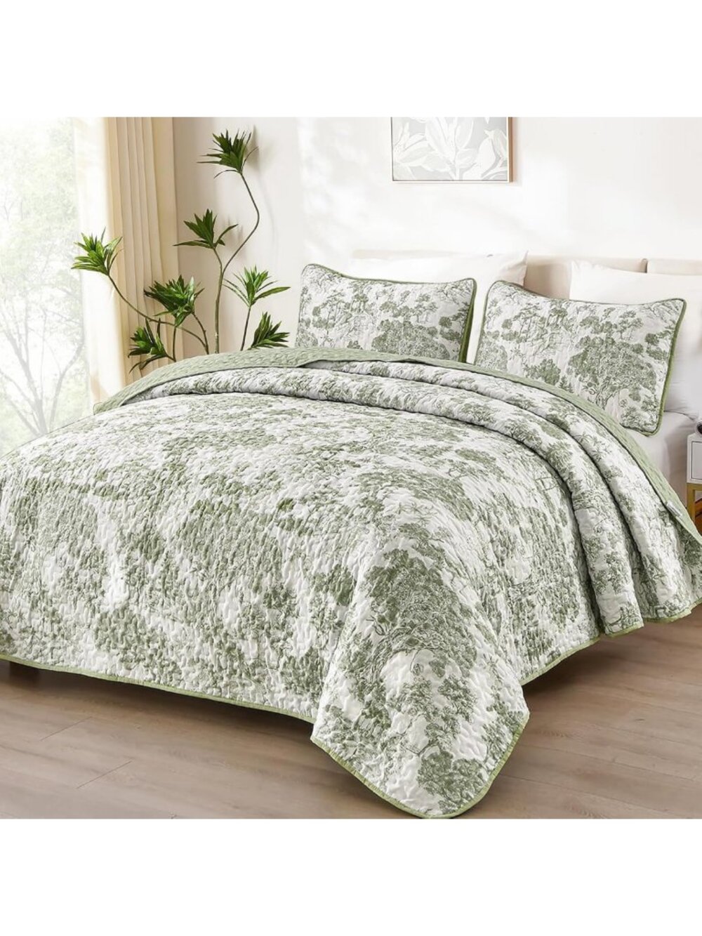 Botanical Twin XL Quilt Set - Sage Green Dorm Bedding, Cozy Floral Design